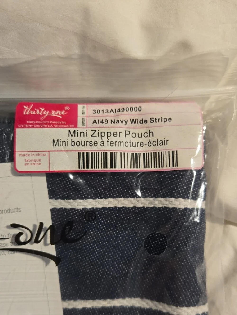 Thirty-one Mini Zipper Pouch Navy Wide Stripe Pattern